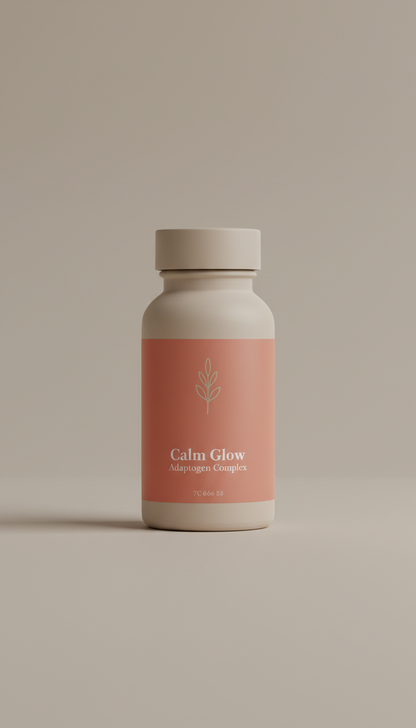 Calm Glow Adaptogen Complex, Default: Three-quarter angle bottle shots on textured stone slab or unglazed ceramic tray...