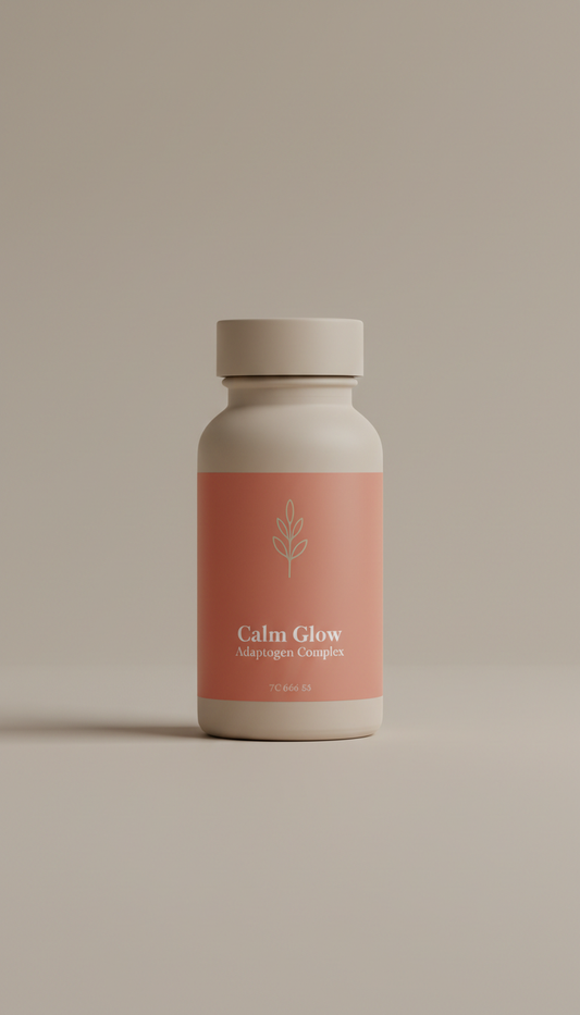 Calm Glow Adaptogen Complex, Default: Three-quarter angle bottle shots on textured stone slab or unglazed ceramic tray...