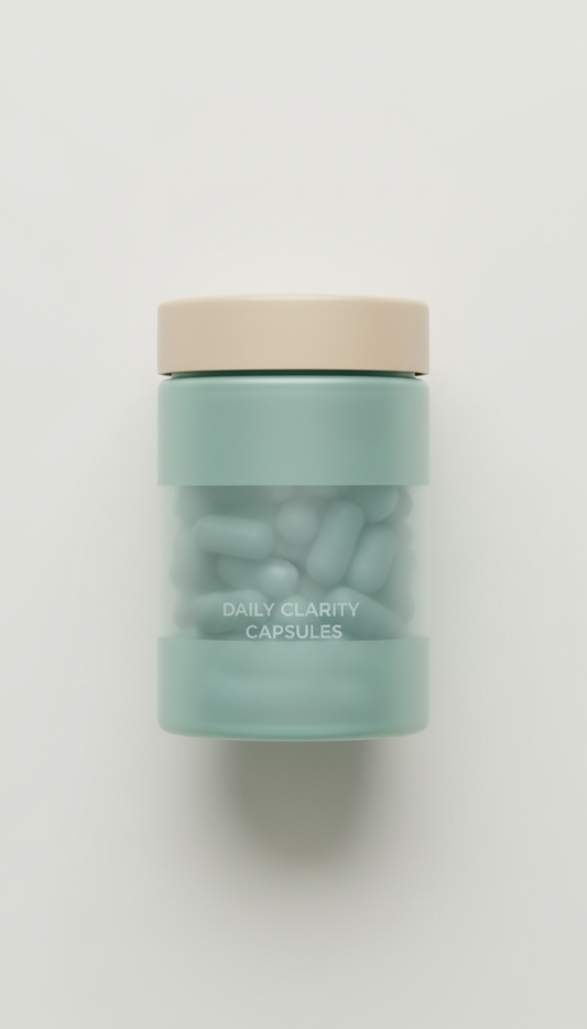 Daily Clarity Capsules, Hero product shots use 3/4 angle on clean matte surface (Calm Ivory or Soft Sand), with soft...