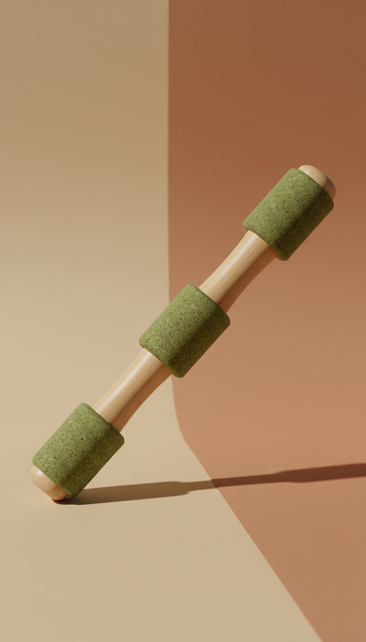 An eco-conscious massage stick, centered on a neutral, earthy background. Soft, with colors in forest green and sandstone...