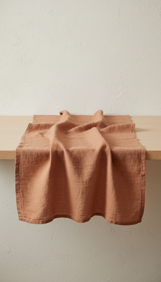 Linen table runner in Terracotta colorway, Default to 3/4 overhead angle for textiles—showing both surface texture and...