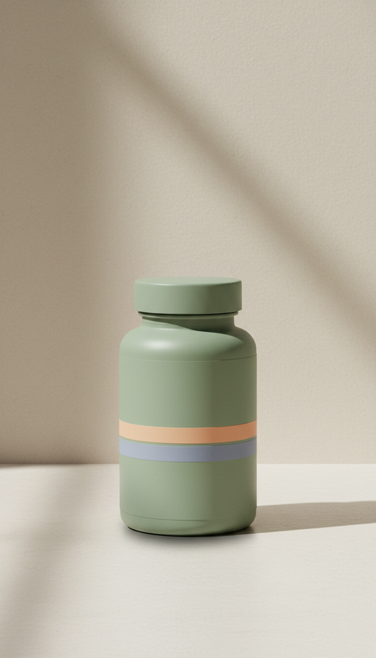 Tailored vitamin daily pack, Single product focus: three-quarter angle that flatters the matte bottle design and...