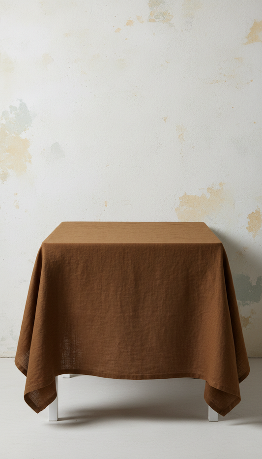 Premium linen table runner, 3/4 angle for most products—e.g., textiles draped over a wooden chair or table edge;...