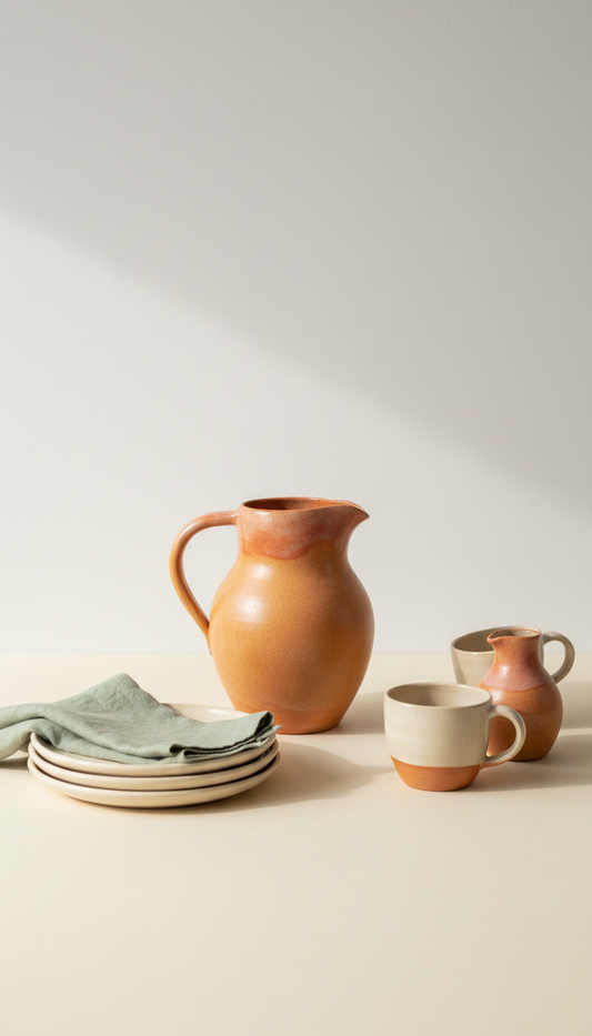 Terracotta Pop hand-thrown pitcher, Primary angle: three-quarter view at slight overhead (around 30–45°) to highlight...