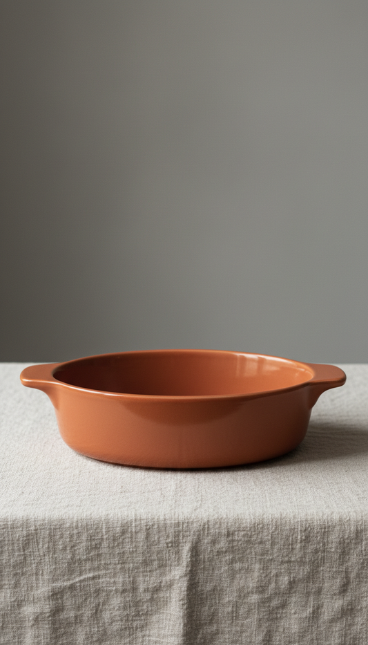 A centered, straight-on image of a heat-resistant baking dish, featuring its vibrant color and durable design. It is...