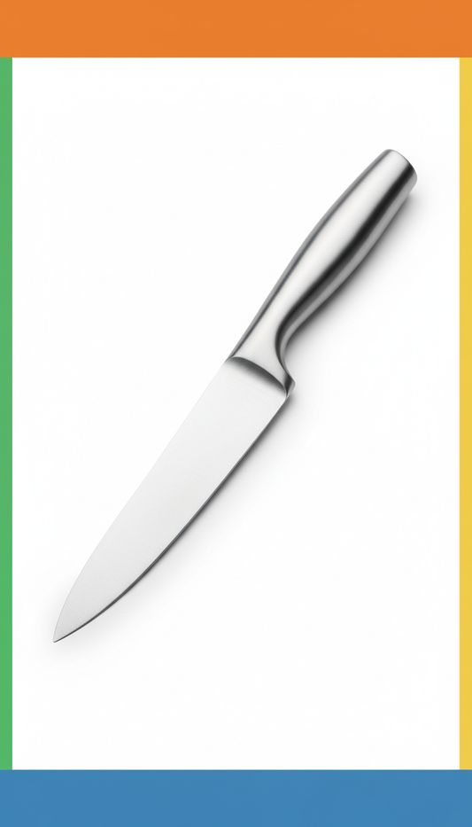 Stainless steel chef's knife, capturing the ergonomic design and sleekness of the stainless steel kitchenware. Use a white...