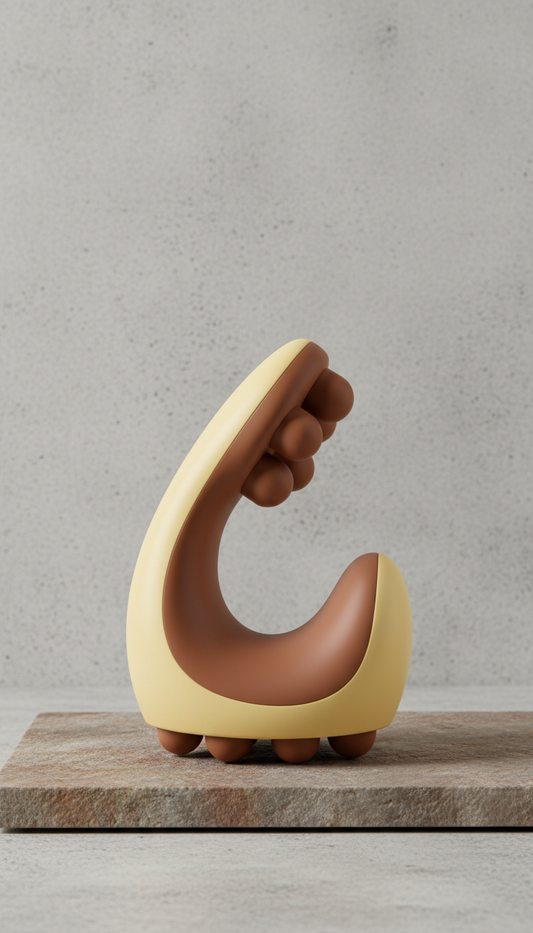 A straight-on, perfectly centered shot of an ergonomic massage device. The product is positioned against a minimal stone...