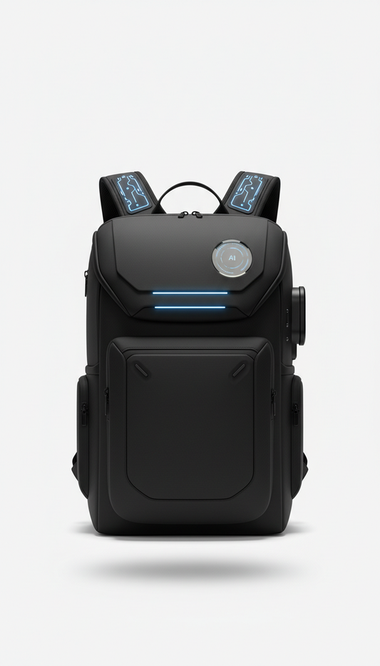 A perfectly centered, straight-on shot of a smart fashion backpack in Jet Black, with soft, even illumination and a subtle...