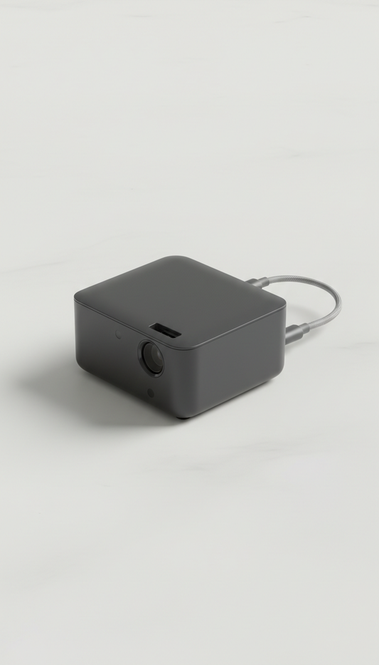 Salange projector top view with HDMI cable, Hero angle: 3/4 front with slight elevation, capturing both top surface and...