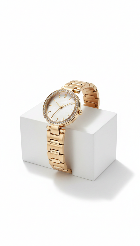 Champagne Gold women's designer-inspired watch, Default: 3/4 hero angle that reveals both face and profile of...