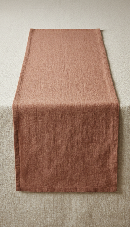 A luxurious linen table runner in a warm Rosy Brown, perfectly centered on a neutral, textural background. The product is...