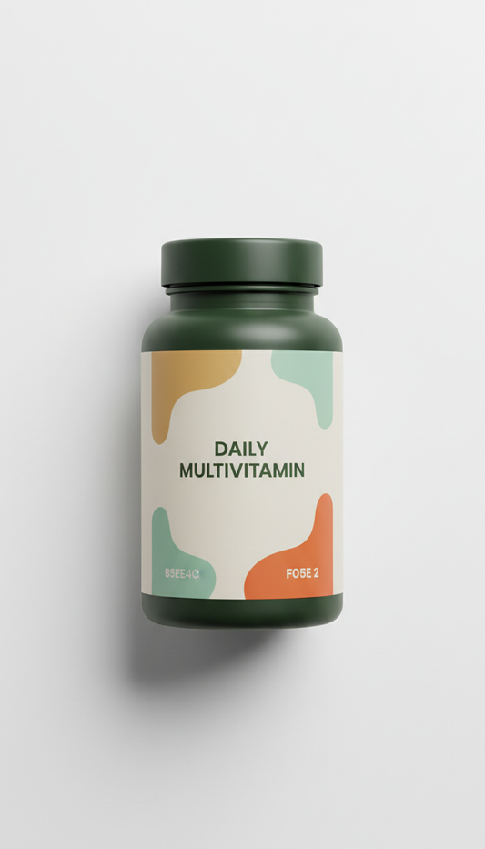 Daily Multivitamin capsules bottle, Three-quarter angle product shots on clean Chalk White surface with soft daylight from...
