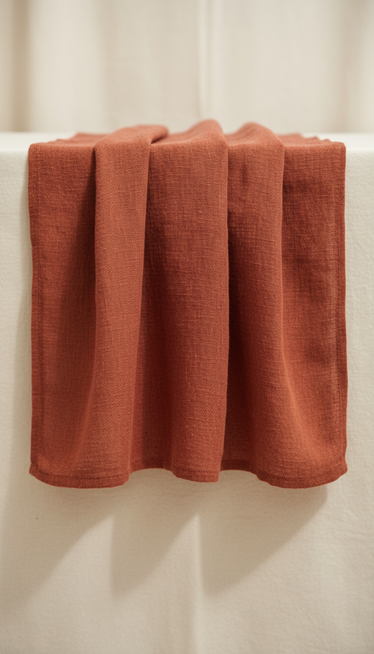 A Rustic Brick colored table runner, elegantly draped and centered in the frame against a Cozy Cream background. The soft,...